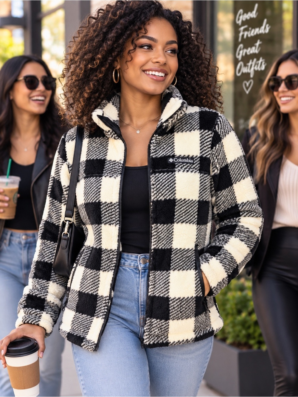 Columbia Women’s Black & White Buffalo Plaid Fleece Sherpa Jacket